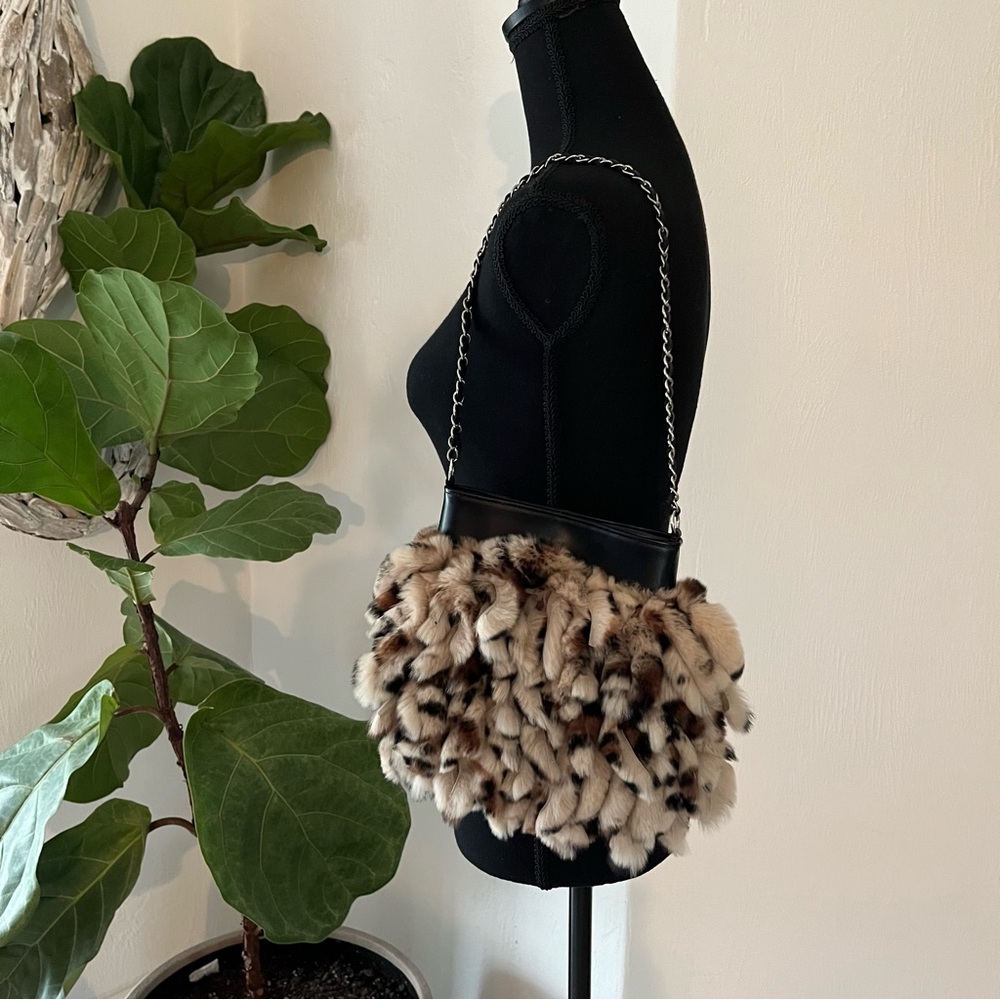 Vintage Cedrics Fur and Leather Bag Genuine Rex Rabbit Black Tan Leopard…